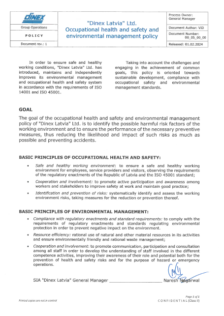 Dinex Latvia: Health & Safety Policy